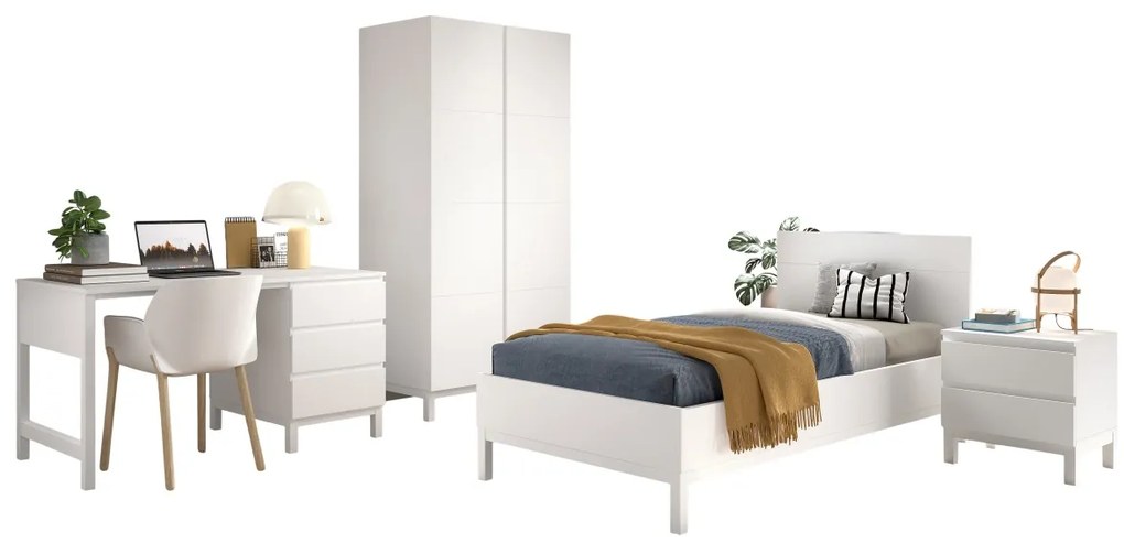 Set Complet Mobilier Cameră Copii EVA: Pat 90x200 cm, Noptieră, Dulap 2 Uși și Birou cu Sertare, Alb – Vipack