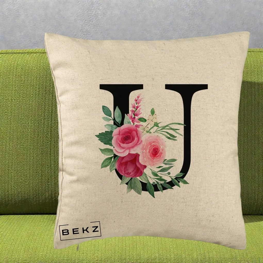 Cadou Personalizat - Perna Personalizata Monograma Florala Litera U, 40x40 cm, Bej, Husa Detasabila, Perna Inclusa, BEKZ®