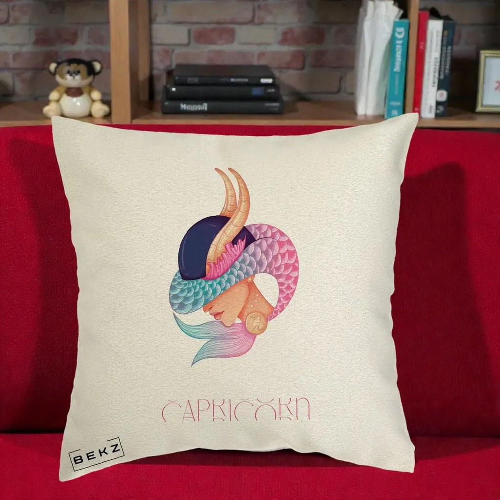 Perna Personalizata Zodiac Capricorn Cowgirl, 40x40 cm, Ecru, Husa Detasabila, Perna Inclusa, BEKZ®