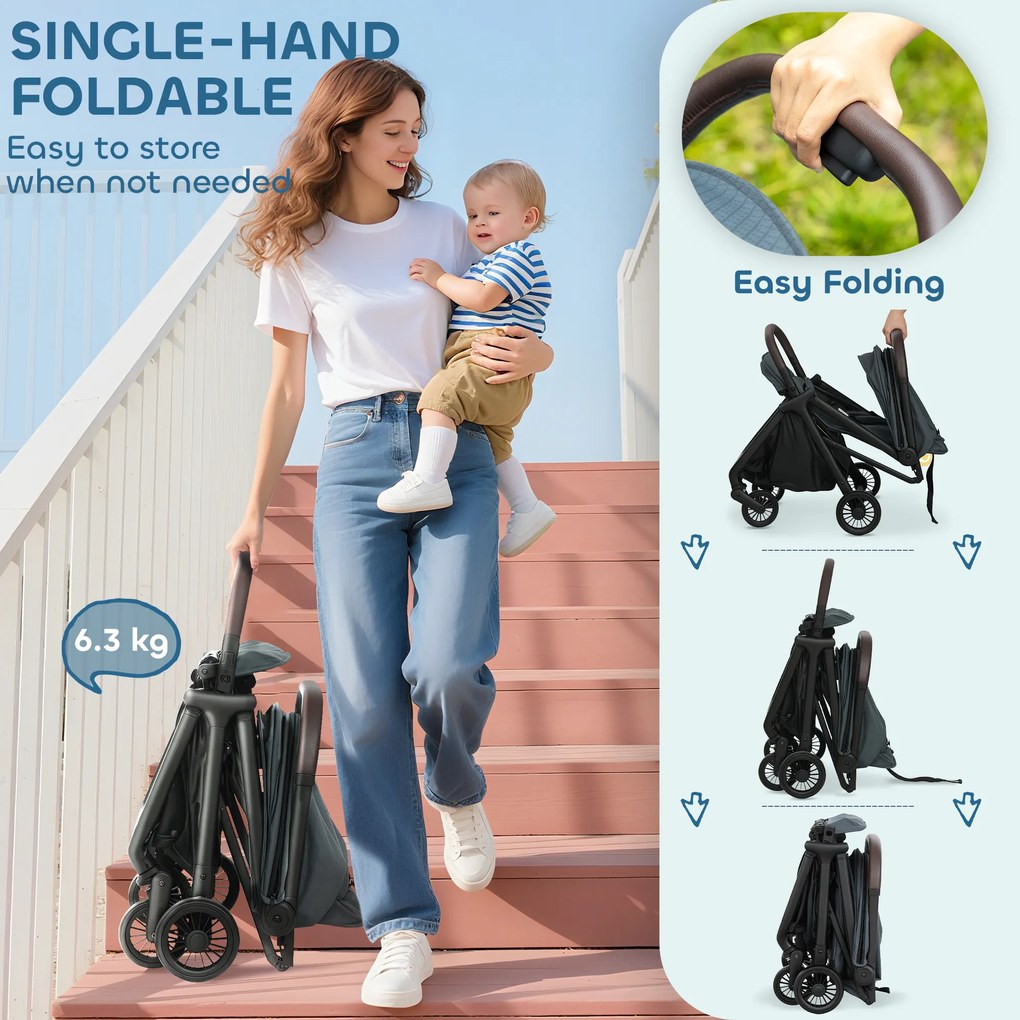 AIYAPLAY Cărucior Ușor 6.3kg pentru Copii 0-3 Ani Pliabil cu o Mână, Cărucior Compact Reclinabil cu Copertină și Suport pentru Picioare Reglabil, Roți și Coș de Depozitare, Până la 15 kg, Albastru | Aosom Romania