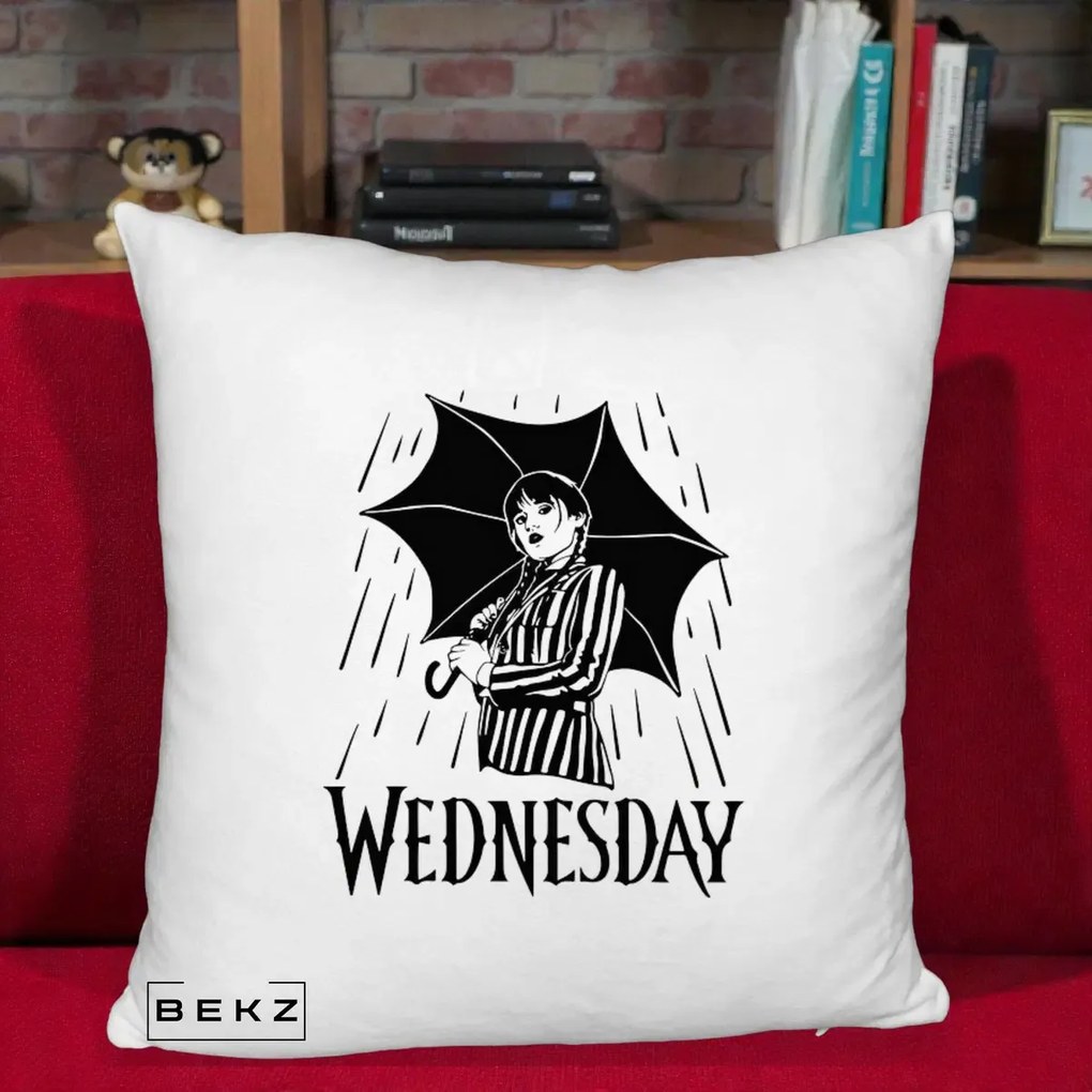 Perna Personalizata Wednesday cu Umbrela Ploaie Lineart, 40x40 cm, Alb Pufos, Husa Detasabila, Perna Inclusa, BEKZ®