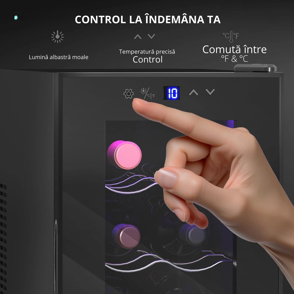 HOMCOM Frigider pentru 8 Sticle de Vinuri cu Temperatura Reglabilă 8-18°C și Rafturi Reglabile, 26,5x51,5x47,5 cm, Negru | Aosom Romania