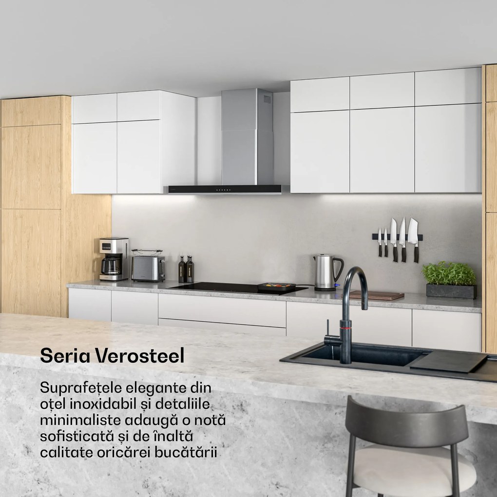 Klarstein Verosteel hotă de bucătărie, Elegantă, minimalistă, puternică, Clasa energetică A++, 881,6 m³/h, 90 cm
