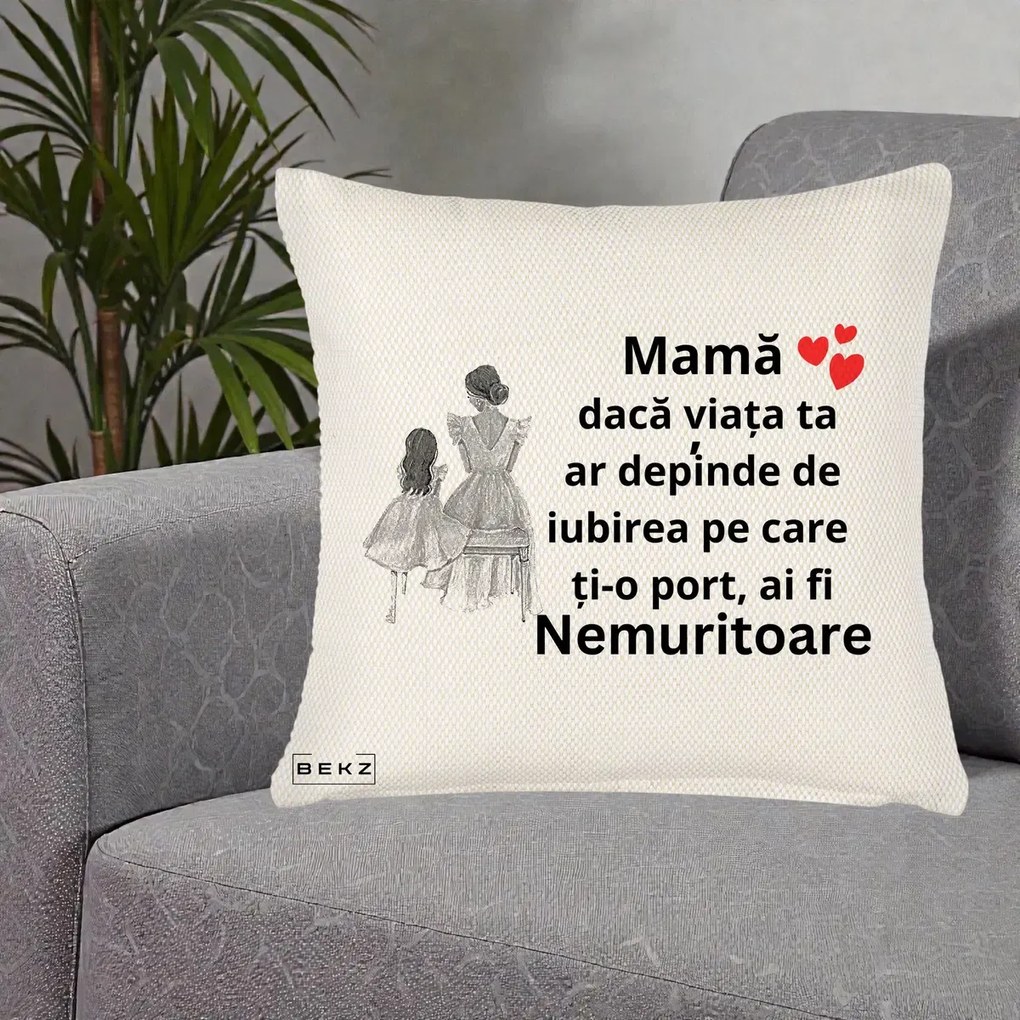 Cadou pentru Mama - Perna Personalizata Mama Nemuritoare Line Art, 40x40 cm, Crem Reliefat, Husa Detasabila, Perna Inclusa, BEKZ®