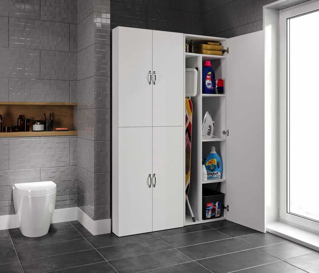 Set Dulap Baie pentru Masina de spalat, uscator si masa de calcat, Miranda , Alb,   71x194x69 - 54 x 194 x 52 cm