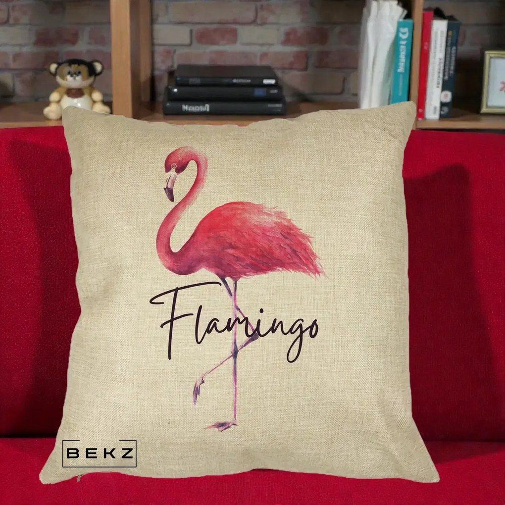Perna Decorativa Flamingo Acuarela, 40x40 cm, Crem, Husa Detasabila, Perna Inclusa, BEKZ®