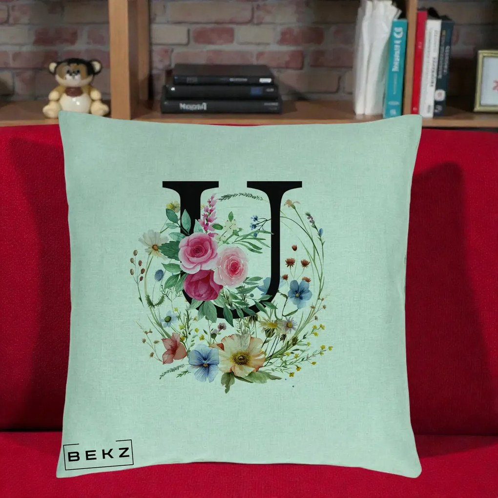 Cadou Personalizat - Perna Personalizata Monogram Litera U cu Flori Acuarela, 40x40 cm, Verde Menta, Husa Detasabila, Perna Inclusa, BEKZ®