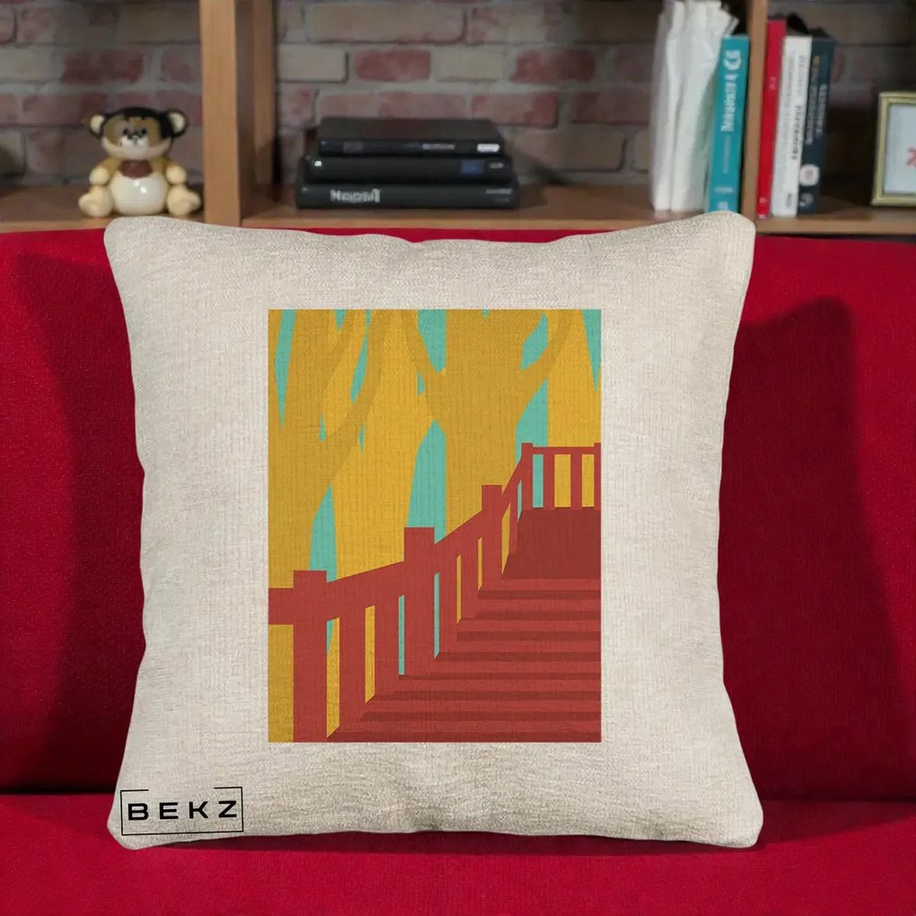Perna Decorativa Scari Toamna Peisaj Grafic, 40x40 cm, Bej Canapea, Husa Detasabila, Perna Inclusa, BEKZ®