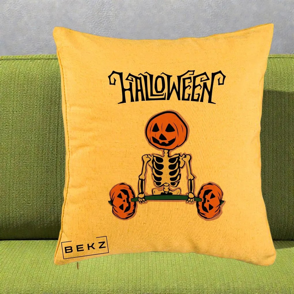 Perna Decorativa Halloween Schelet cu Cap de Dovleac Powerlifting, 40x40 cm, Galben, Husa Detasabila, Perna Inclusa, BEKZ®