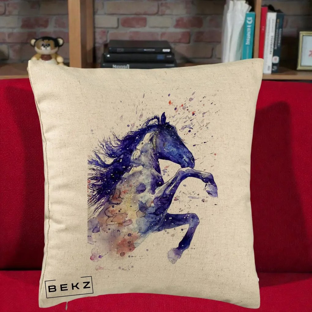Perna Decorativa Cal Albastru Acuarela, 40x40 cm, Bej, Husa Detasabila, Perna Inclusa, BEKZ®