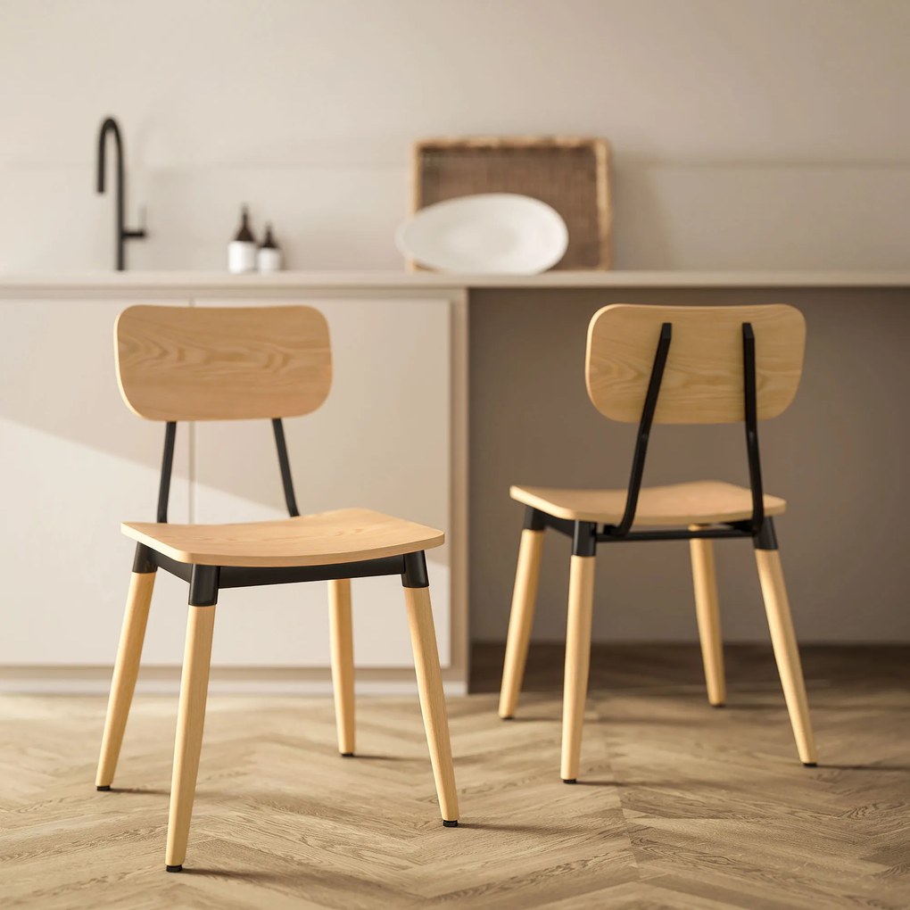 HOMCOM Lot de 2 scaune de dining moderne cu picioare din oțel și spătar curbat, aspect lemn natural | Aosom Romania