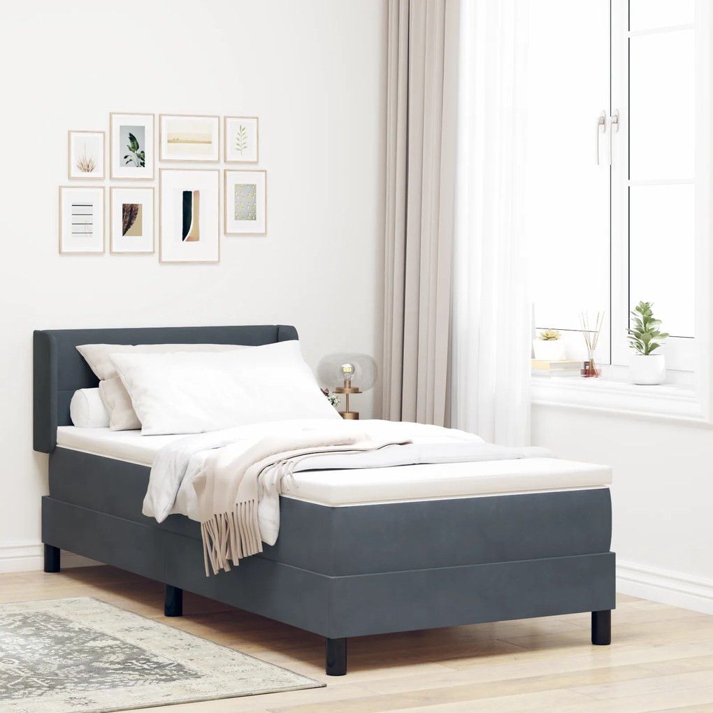 vidaXL Pat box spring cu saltea, gri închis, 90x190 cm, catifea