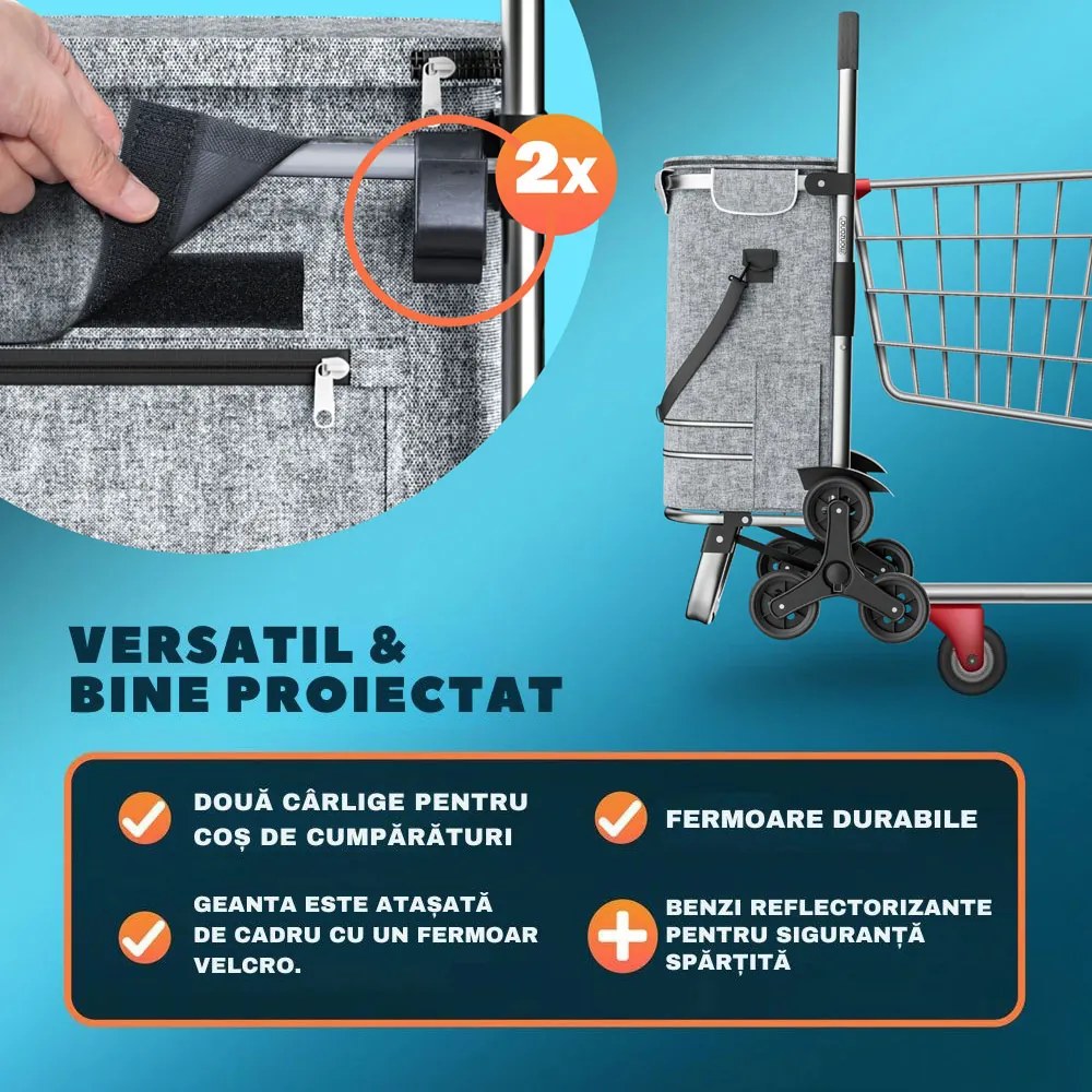 Geantă de cumpărături pe roți pentru scări COMFORT, 50L, gri Jurhan
