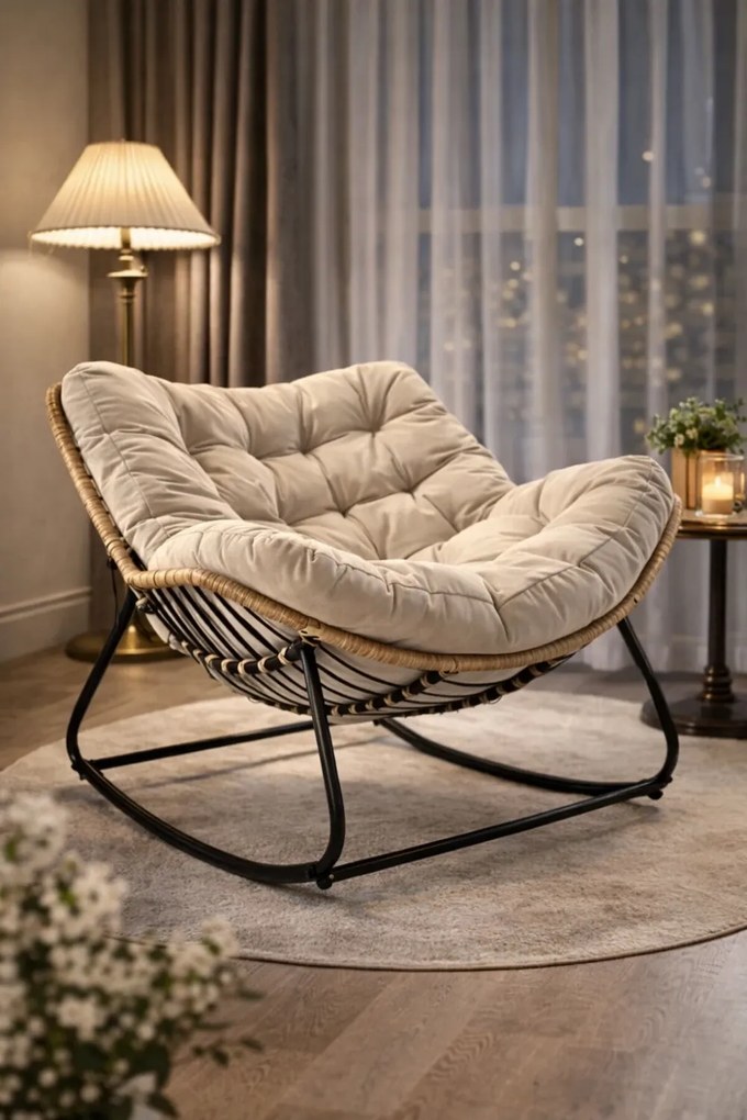 Scaun balansoar pentru interior si exterior, sezlong tip ou cu pernă captusita, cadru metalic, Bej