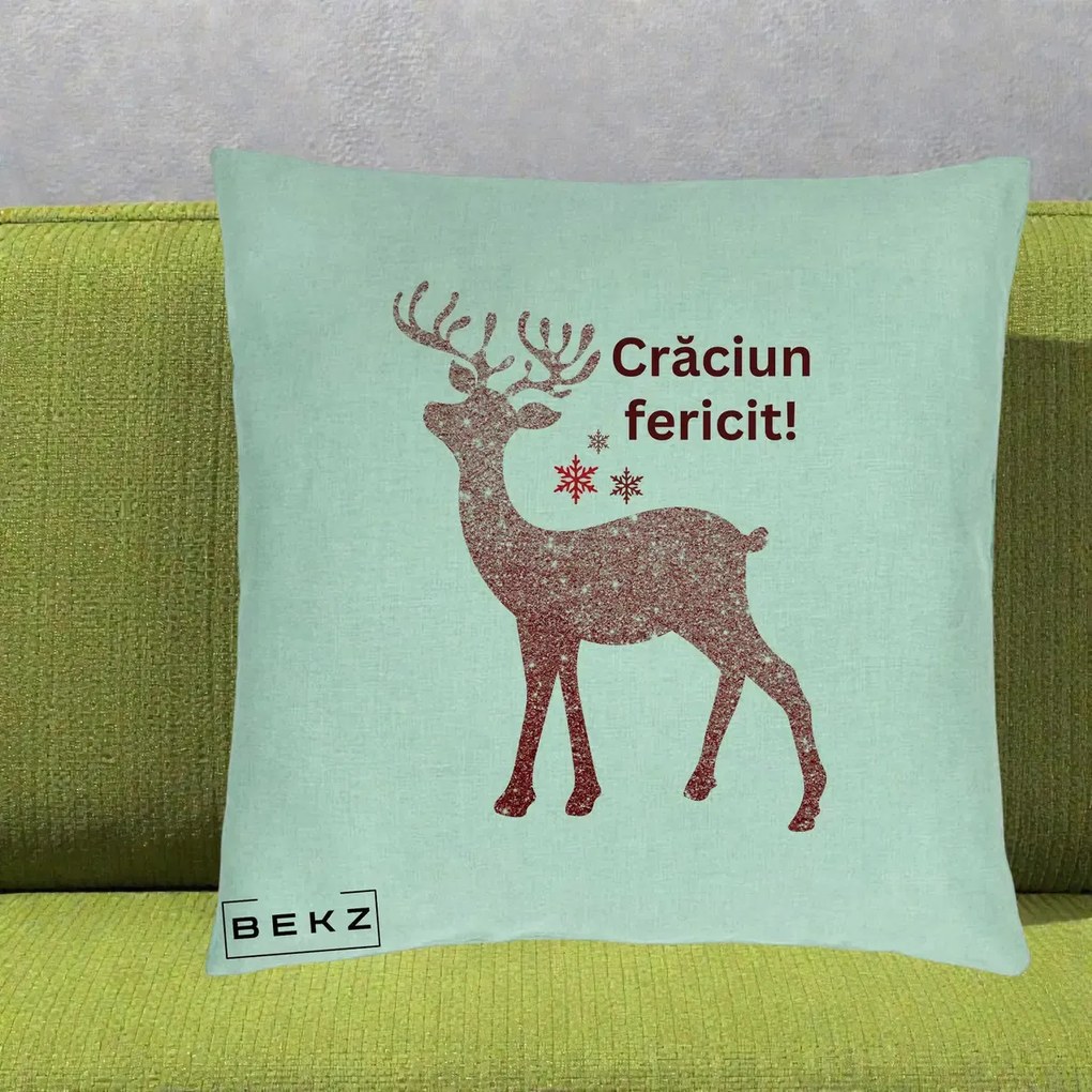 Perna Decorativa Ren Sclipitor Glitter Craciun Fericit, 40x40 cm, Verde Menta, Husa Detasabila, Perna Inclusa, BEKZ®