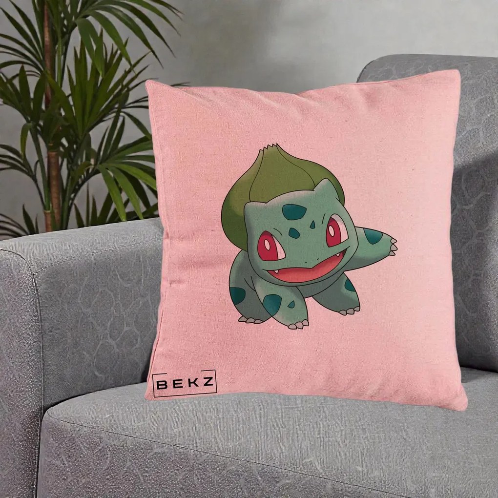 Perna Personalizata Bulbasaur Pokemon, 40x40 cm, Roz, Husa Detasabila, Perna Inclusa, BEKZ®