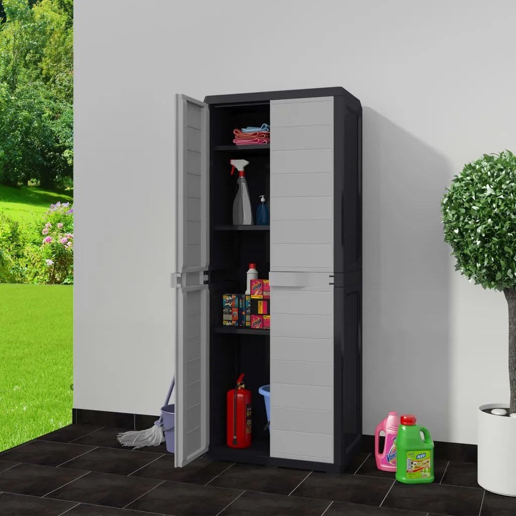 43703 vidaXL Dulap de depozitare pentru grădină, cu 3 rafturi, negru și gri