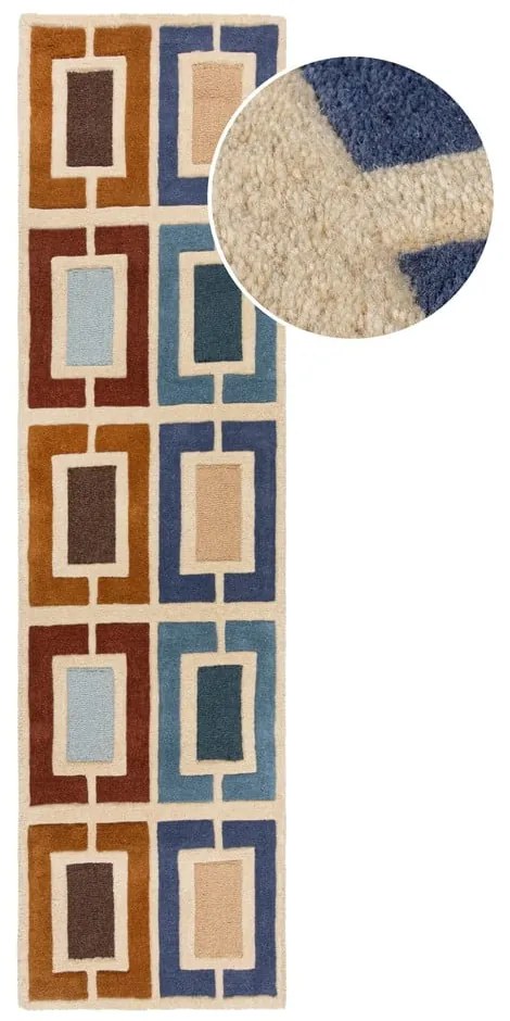 Covor tip traversă albastru/portocaliu țesut manual din lână 60x230 cm Retro Blocks – Flair Rugs