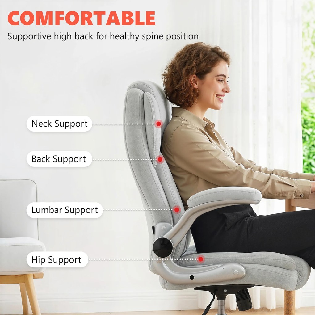 Scaun Ergonomic HOMCOM, Spătar Înalt, Tapițat în Catifea Imprimată, Cotiere Rabatabile, Alb Crem | Aosom Romania