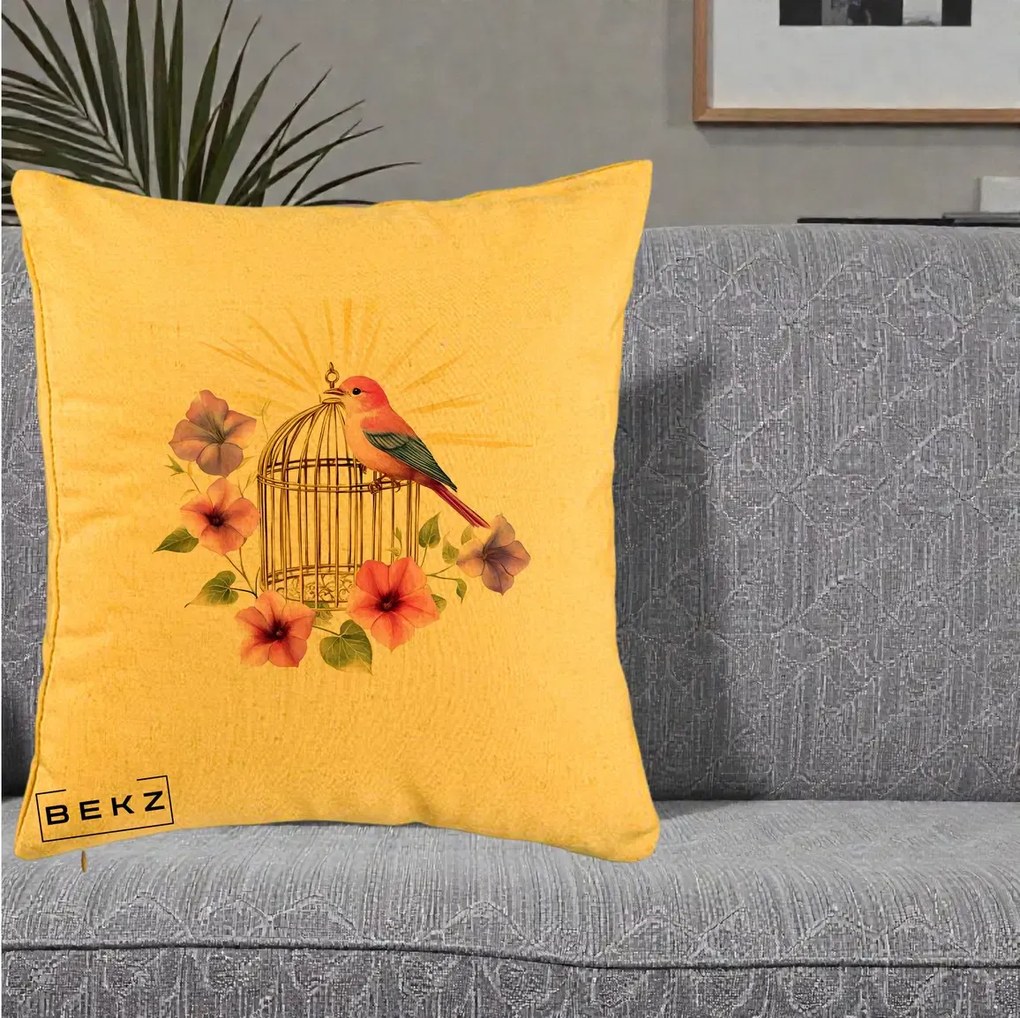 Perna Decorativa Pasare Roz pe Colivie Aurie cu Flori, 40x40 cm, Galben, Husa Detasabila, Perna Inclusa, BEKZ®