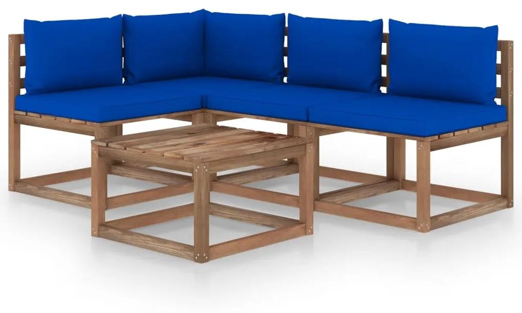 Set mobilier de gradina, 5 piese, cu perne albastre Albastru, colt + 3x mijloc + masa, 1
