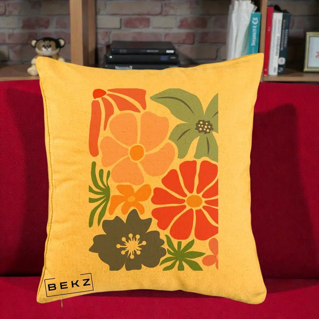 Perna Decorativa Flori Grafice Roz-Rosu-Albastru, 40x40 cm, Galben, Husa Detasabila, Perna Inclusa, BEKZ®