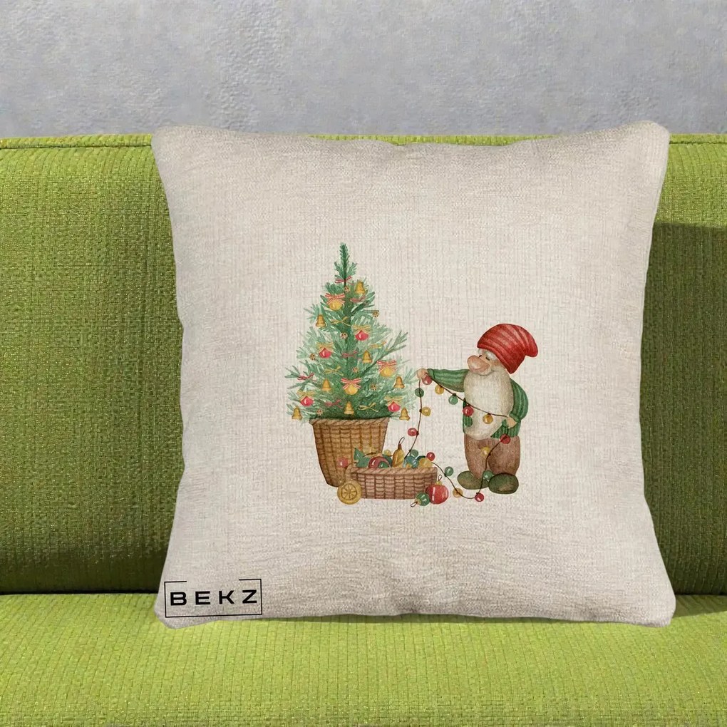 Perna Decorativa Pitic de Craciun cu Brad, 40x40 cm, Bej Canapea, Husa Detasabila, Perna Inclusa, BEKZ®