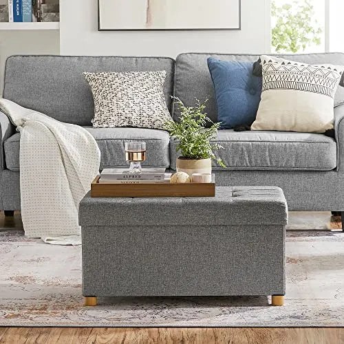 Bancheta cu spatiu depozitare, 76 x 38 x 40 cm, textil / MDF, gri, Songmics