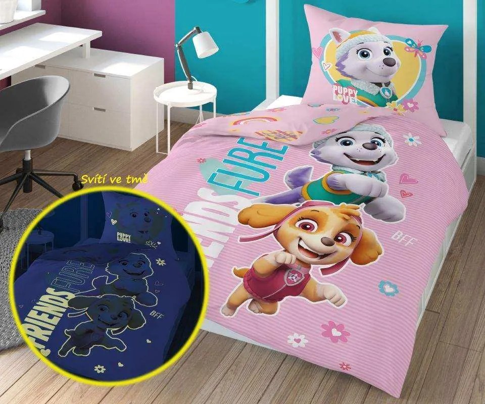 Lenjerie de pat luminoasa PAW PATROL Friends furever roz Dimensiune lenjerie de pat: 70 x 80 cm | 140 x 200 cm