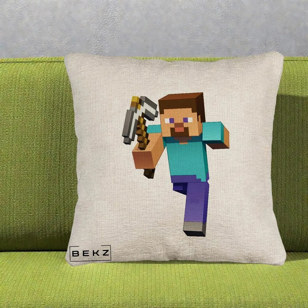 Perna Personalizata Minecraft Steve, 40x40 cm, Bej Canapea, Husa Detasabila, Perna Inclusa, BEKZ®