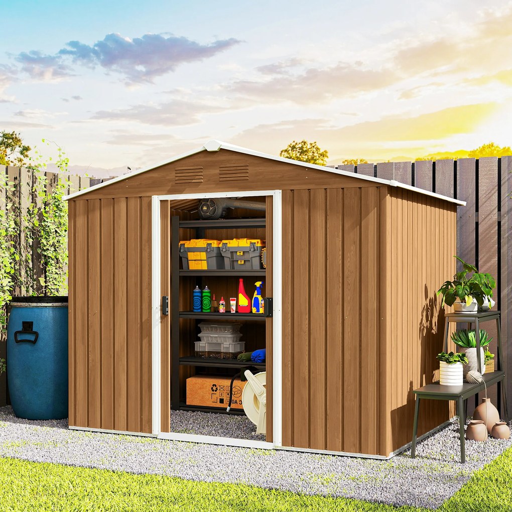 Outsunny Casută de Grădină, Magazie de Exterior pentru Unelte cu 2 Uși Culisante și 4 Prize de Aerisire, 236x174x190 cm, Gri | Aosom Romania