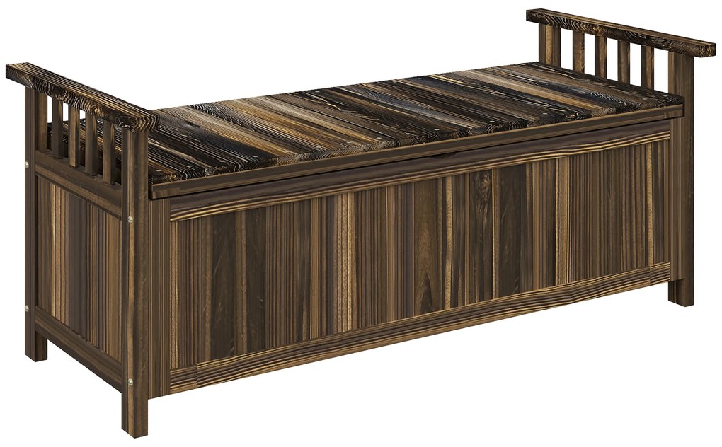 Outsunny Bancă de grădină cu 2 locuri din lemn, rezistentă la intemperii, mobilier de grădină cu spațiu de depozitare și brațe 128,5 x 56 x 53,5cm, Verkohlt | Aosom Romania