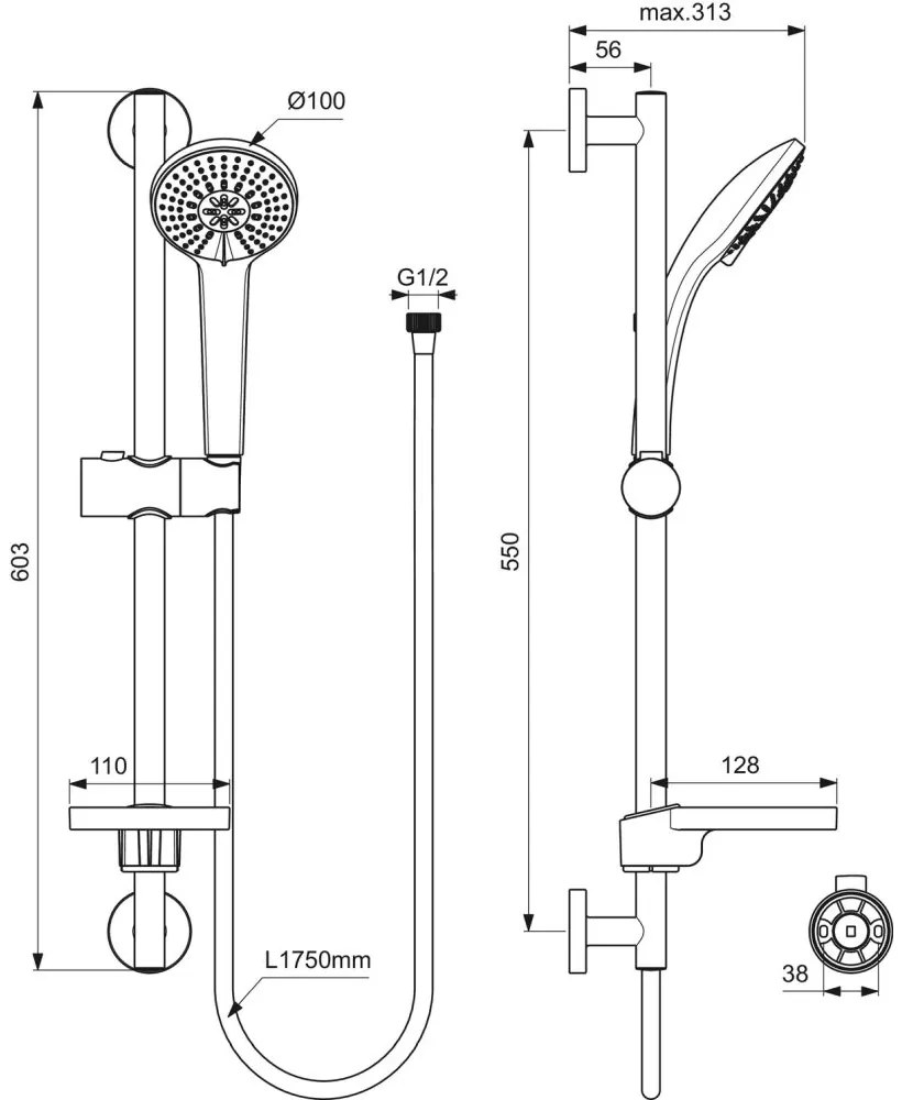 Set de dus Ideal Standard Idealrain Soft cu bara 60 cm, para dus 3 functii si furtun, crom lucios