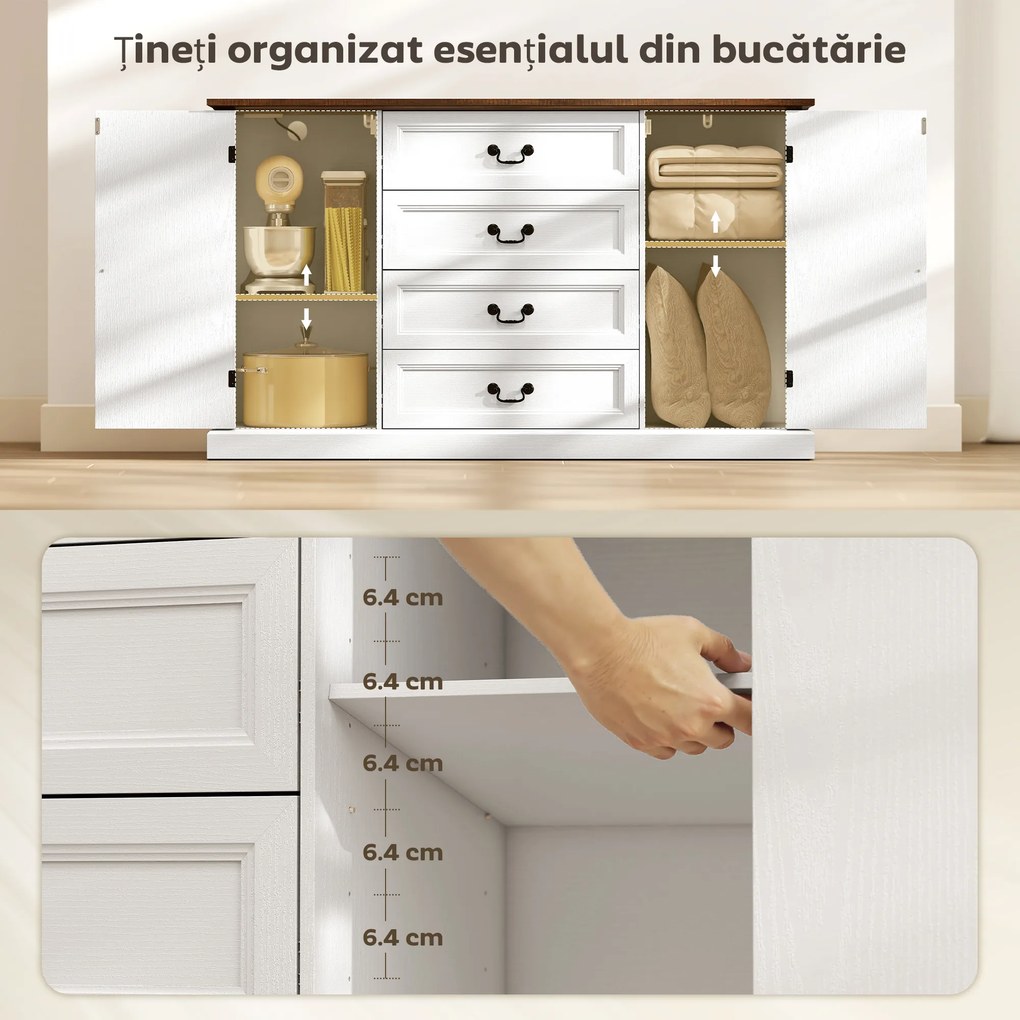 HOMCOM Credență de Bucătărie, Mobilier de Bucătărie cu 4 Sertare Soft Close, Blat Gros, Bufet cu Rafturi Reglabile, Stil Rustic, pentru Sufragerie, Sala de Mese, 147x40x87 cm, Alb | Aosom Romania