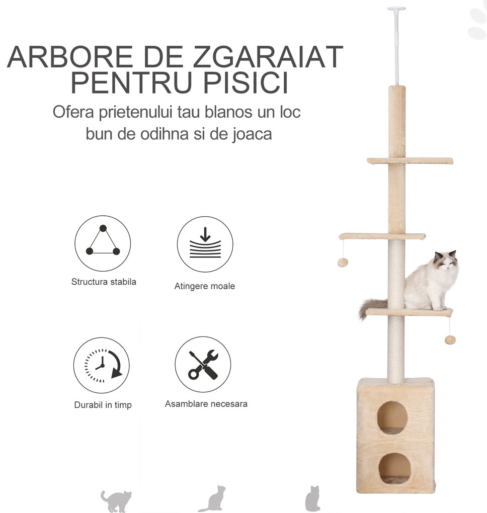 PawHut Stâlp Zgâriat Pod Multinivel, 210-240 cm, Frânghie Iuta, Design Inovator, Galben | Aosom Romania