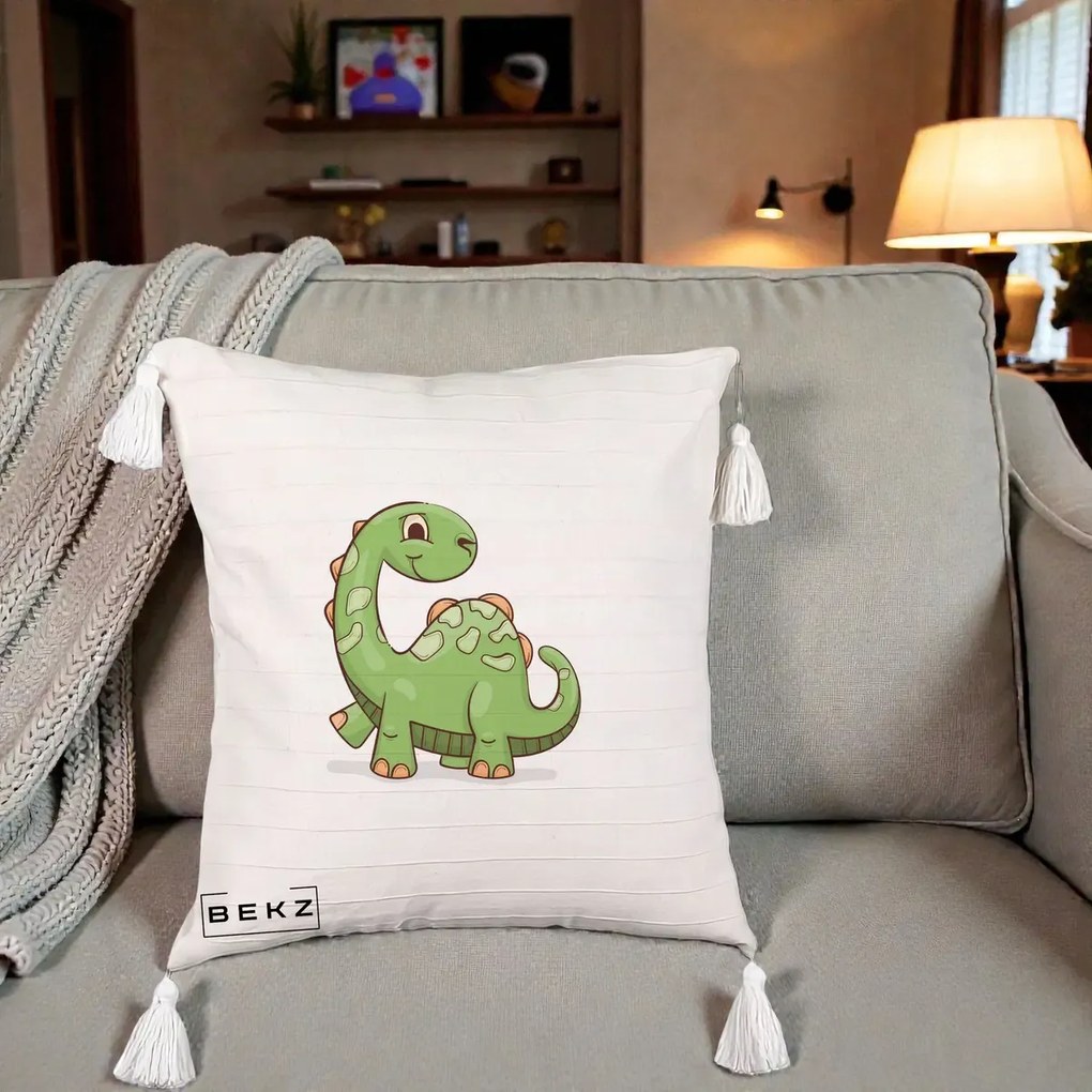 Perna Decorativa Brontosaur Verde Simpatic, 40x40 cm, Bej cu Franjuri, Husa Detasabila, Perna Inclusa, BEKZ®