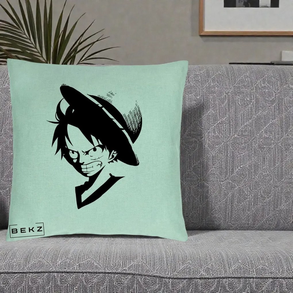 Perna Personalizata One Piece Luffy Silueta Alb-Negru, 40x40 cm, Verde Menta, Husa Detasabila, Perna Inclusa, BEKZ®