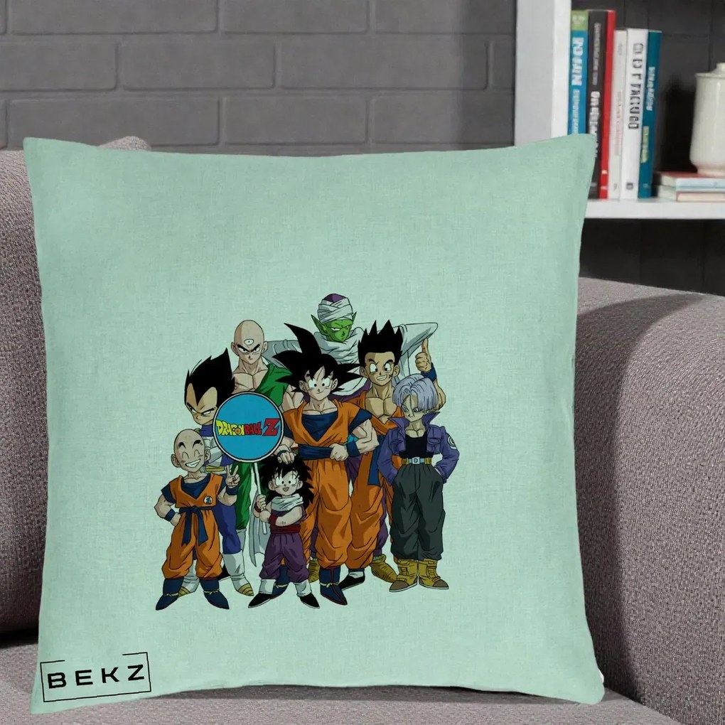 Perna Personalizata Dragon Ball Z Grup Complet, 40x40 cm, Verde Menta, Husa Detasabila, Perna Inclusa, BEKZ®