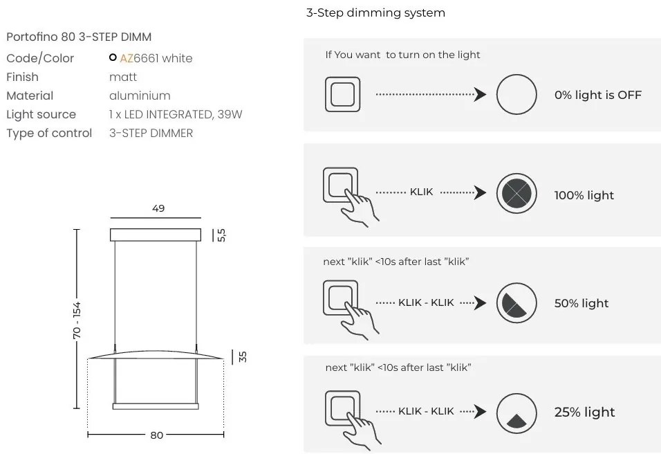 Lustra suspendata LED 3-STEP DIMM PORTOFINO 80