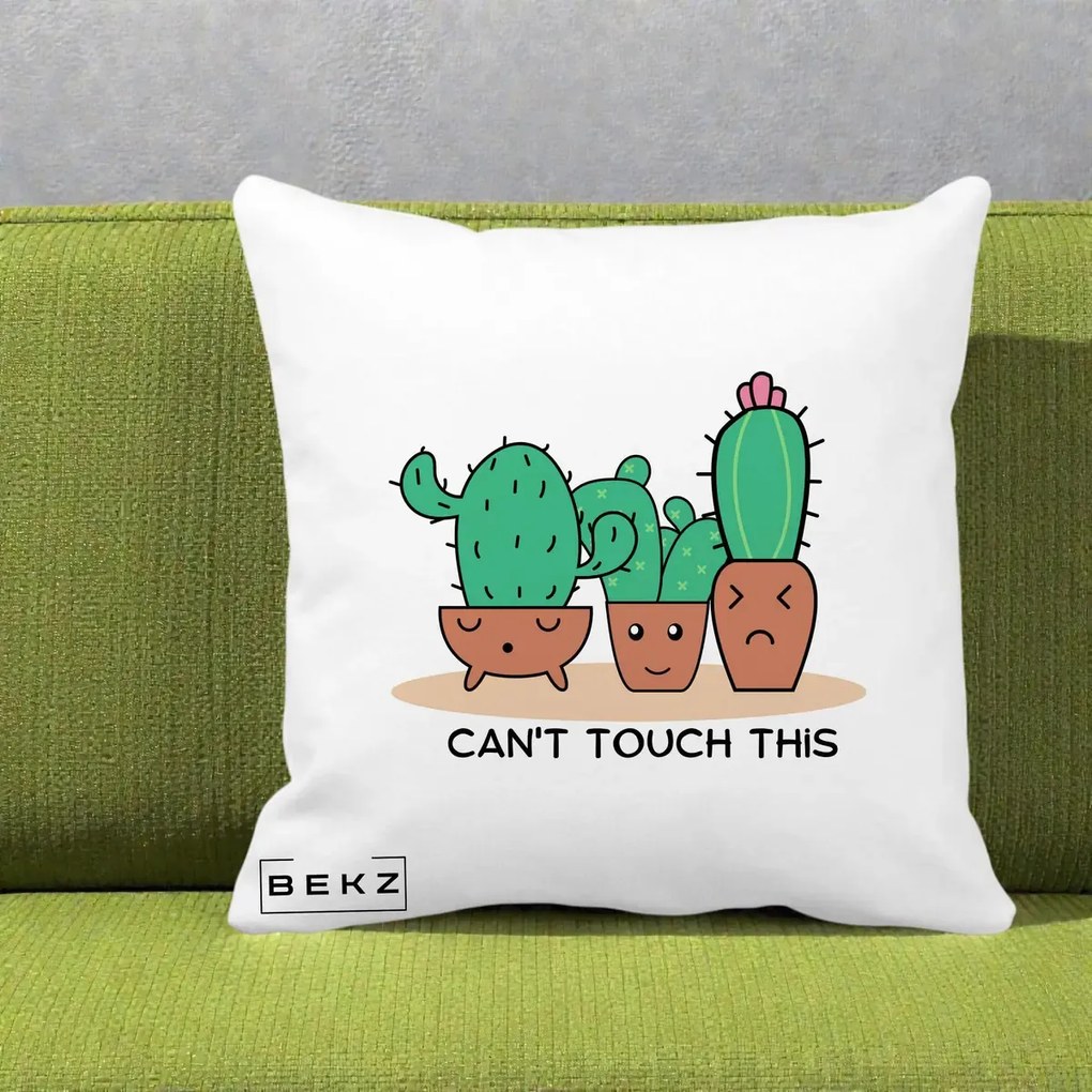 Perna Decorativa Cactus Funny Can't Touch This, 40x40 cm, Alba Mata, Husa Detasabila, Perna Inclusa, BEKZ®