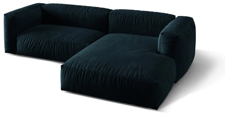 Colțar modular albastru închis cu tapițerie din catifea (cu colț pe partea dreaptă/cu șezlong) Martina – Micadoni