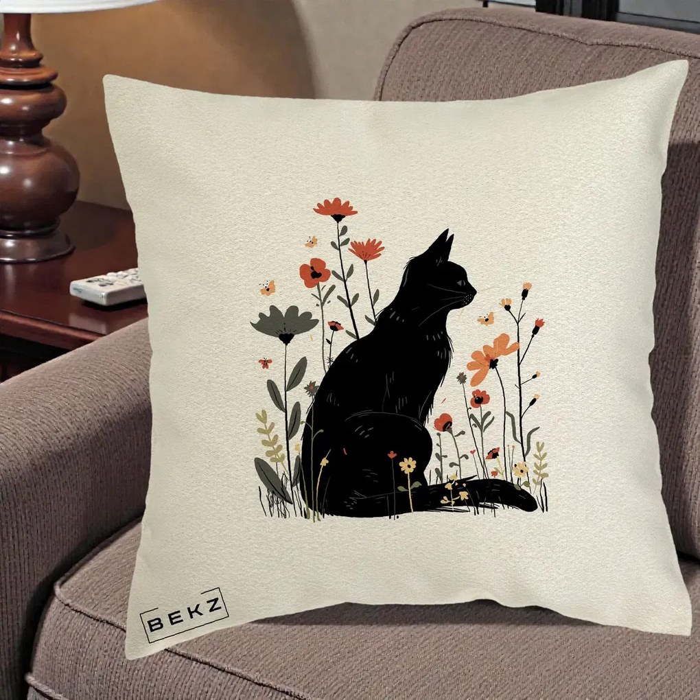 Perna Decorativa Pisica Neagra Profil Flori Portocalii, 40x40 cm, Ecru, Husa Detasabila, Perna Inclusa, BEKZ®