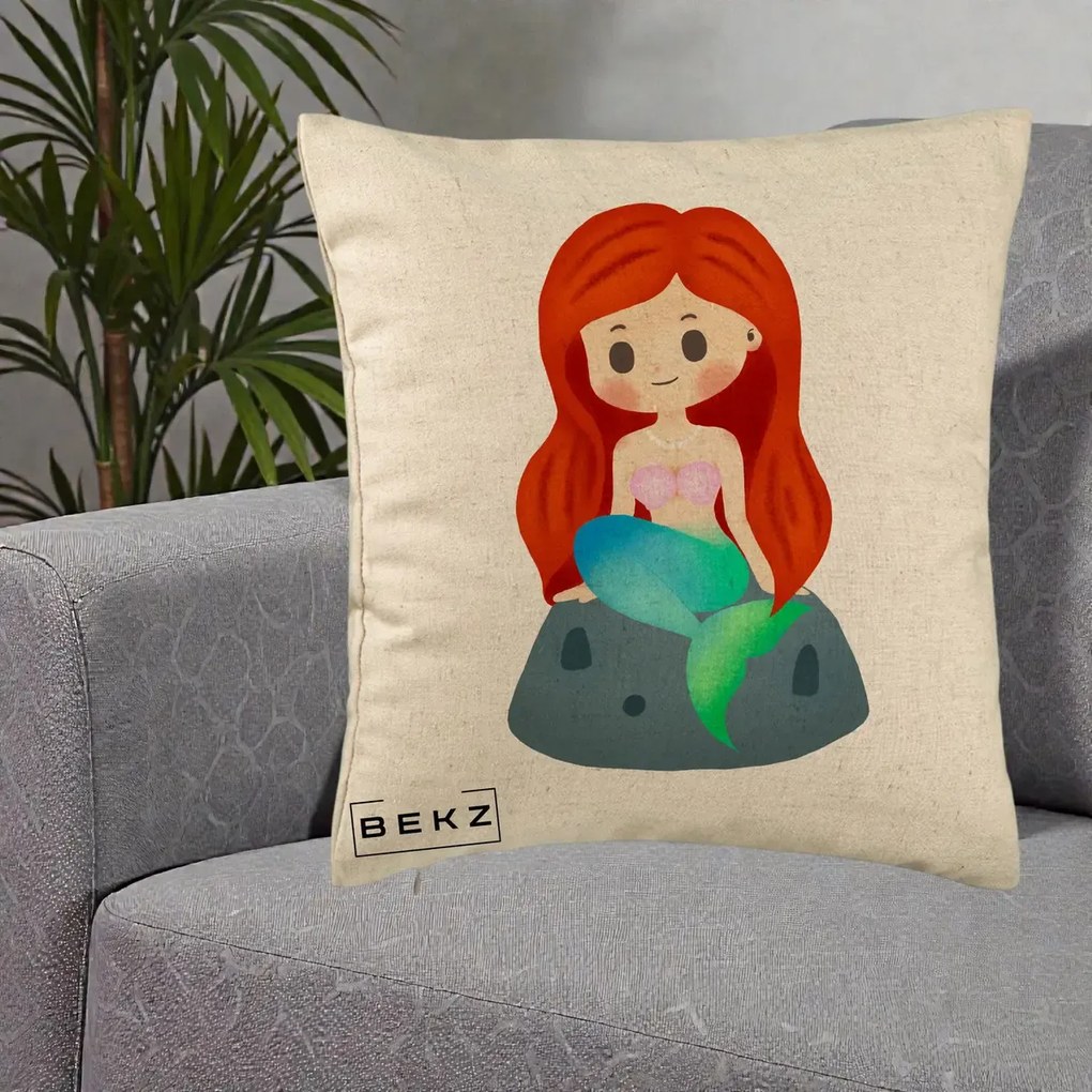 Perna Personalizata Sirena Kawaii Roscat, 40x40 cm, Bej, Husa Detasabila, Perna Inclusa, BEKZ®