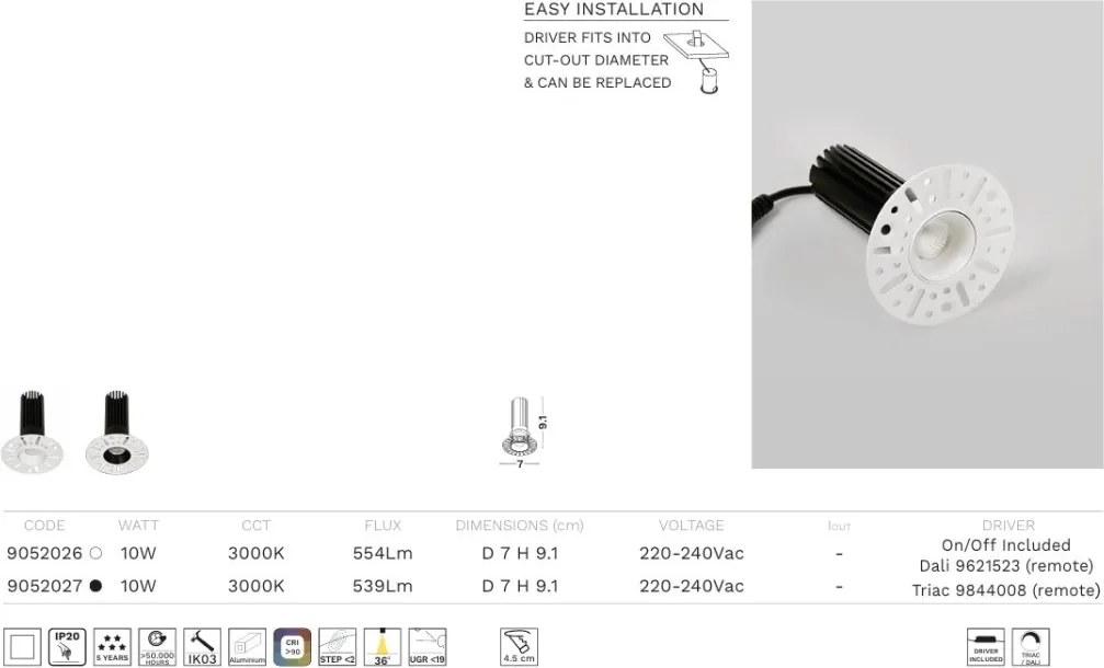 Mini Spot incastrabil LED 10W 3000K Trimless Duran negru