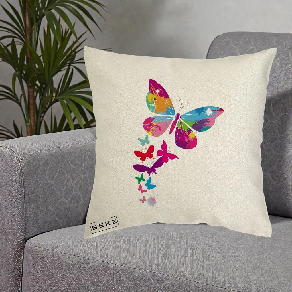 Perna Decorativa Fluturi Splash, 40x40 cm, Ecru, Husa Detasabila, Perna Inclusa, BEKZ®