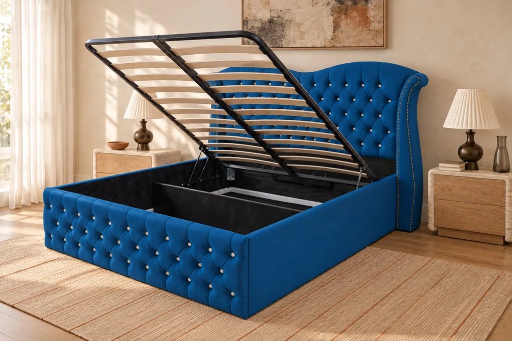 Pat tapițat Chesterfield Avella 180×200 cm, albastru, cu ladă de depozitare