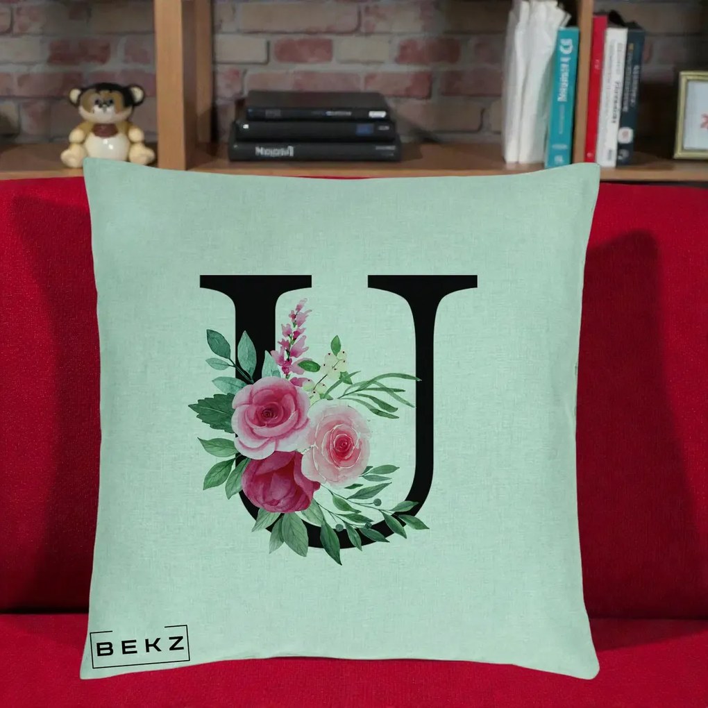 Cadou Personalizat - Perna Personalizata Monograma Florala Litera U, 40x40 cm, Verde Menta, Husa Detasabila, Perna Inclusa, BEKZ®