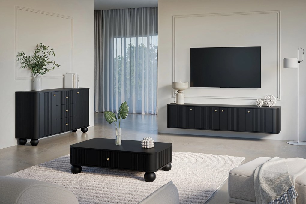 Comoda cu sertare Versper 160 cm - negru / aurii mânere