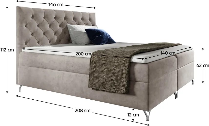 Pat cu boxspring, 140x200, ţesătură gri-bej Taupe Velvet, GULIETTE + cadou
