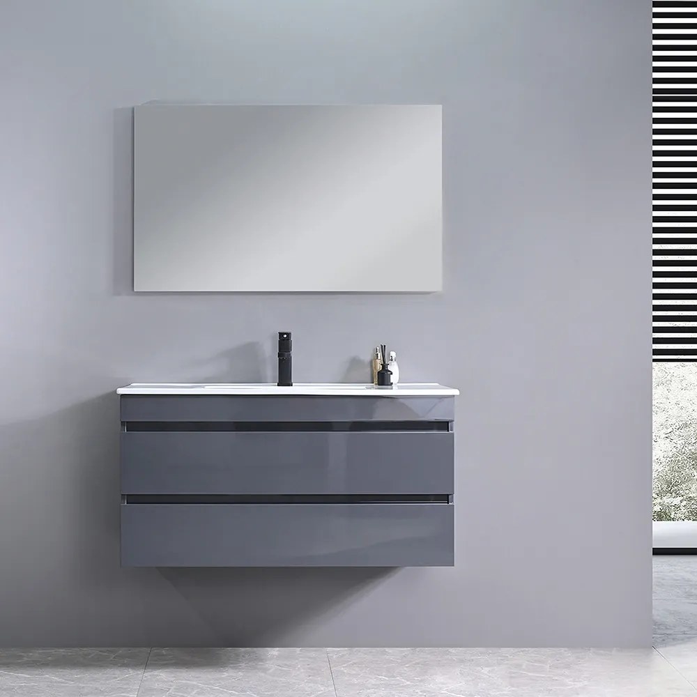 Mobilier de baie Cube 100 cm cu chiuvetă ceramică 2 sertare cu oglindă 60x100 cm gri antracit